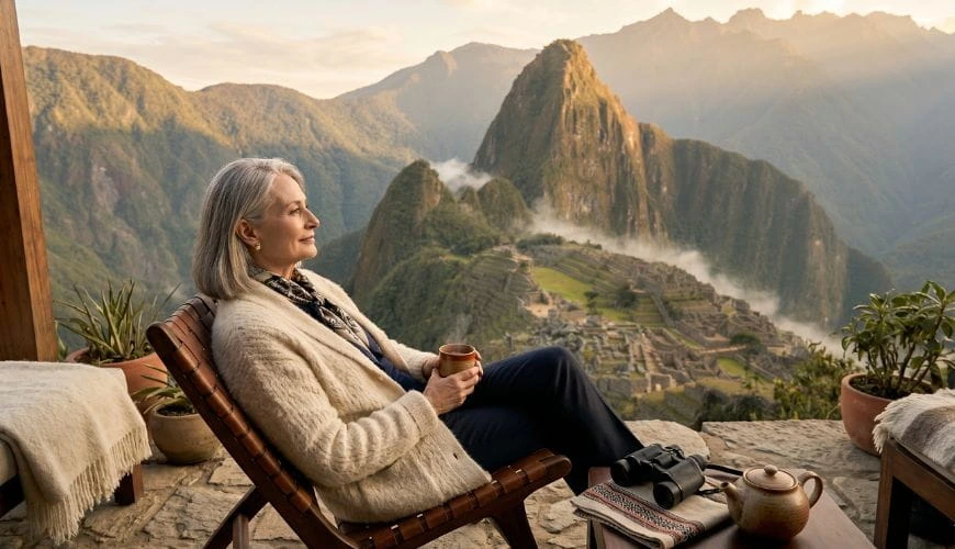 Viajero senior descansando en una terraza con vista al Valle Sagrado rodeado de montañas en un ambiente tranquilo y exclusivo