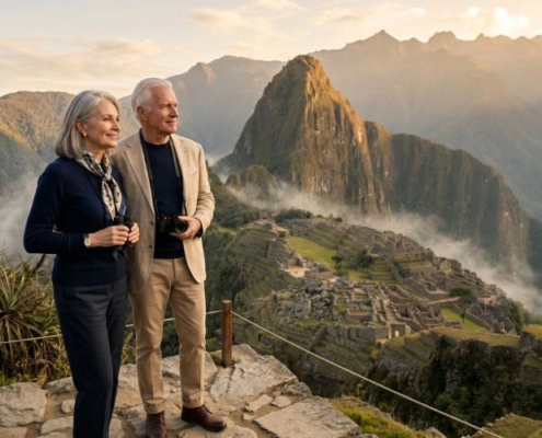 Pareja de adultos mayores disfrutando Machu Picchu al amanecer sin multitudes en un viaje tranquilo y confortable por Perú