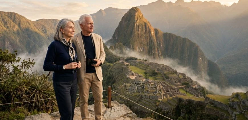 Pareja de adultos mayores disfrutando Machu Picchu al amanecer sin multitudes en un viaje tranquilo y confortable por Perú